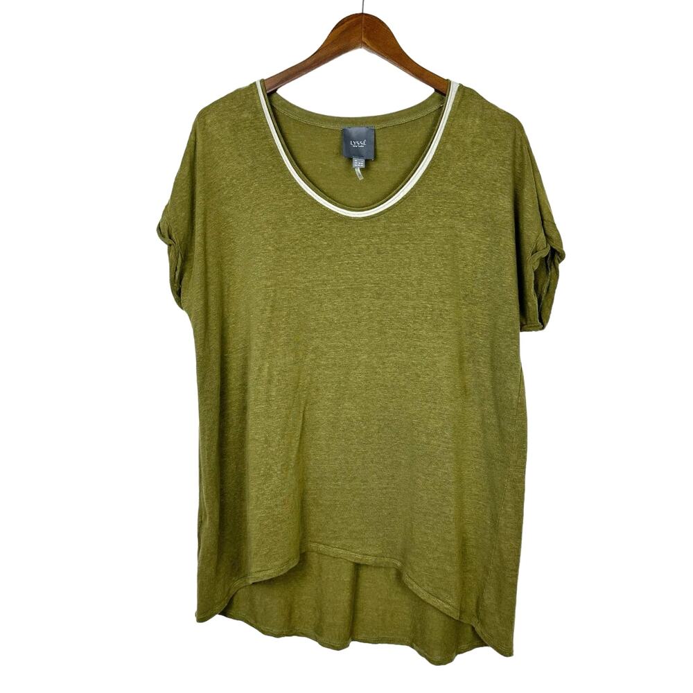 Lysse Olive Green Linen Blend Relaxed Casual Coastal Breathable Hi Low Tunic Tee - Picture 5 of 10
